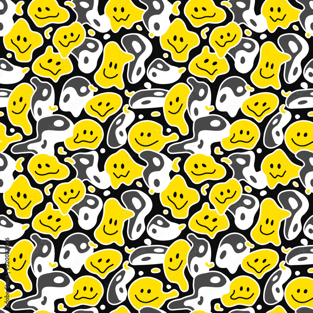 Psychedelic deformed wavy smile face and Yin Yang seamless pattern. Vector  hand drawn line doodle cartoon illustration wallpaper. Trippy lsd print,Yin  Yang,smile face seamless pattern concept Stock Vector | Adobe Stock