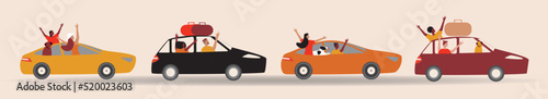 Different couples on road trip, flat vector stock illustration with people of different ages, gender, including LGBTQ and dog, isolated set