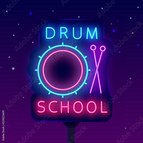 Drum school neon street billboard. Drum kit with drumsticks icon. Light advertising. Shiny banner. Vector illustration photo