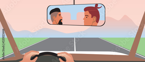 LGBTQ couples or friends chatting in front seat as they cruise highways in road trip, flat vector stock illustration
