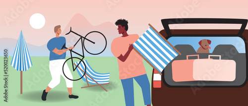 LGBTQ couple packing their vehicles with supplies, bags, bike, beach chairs and dog in car, flat vector stock illustration with road trip
