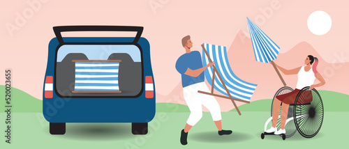 Inclusive couple packing their vehicles with supplies, beach chairs and beach umbrella, flat vector stock illustration with road trip with disabled person in wheelchair