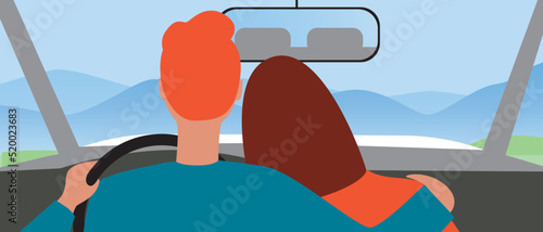 Couples hugging and chatting in front seat in a car on a road trip, flat vector stock illustration