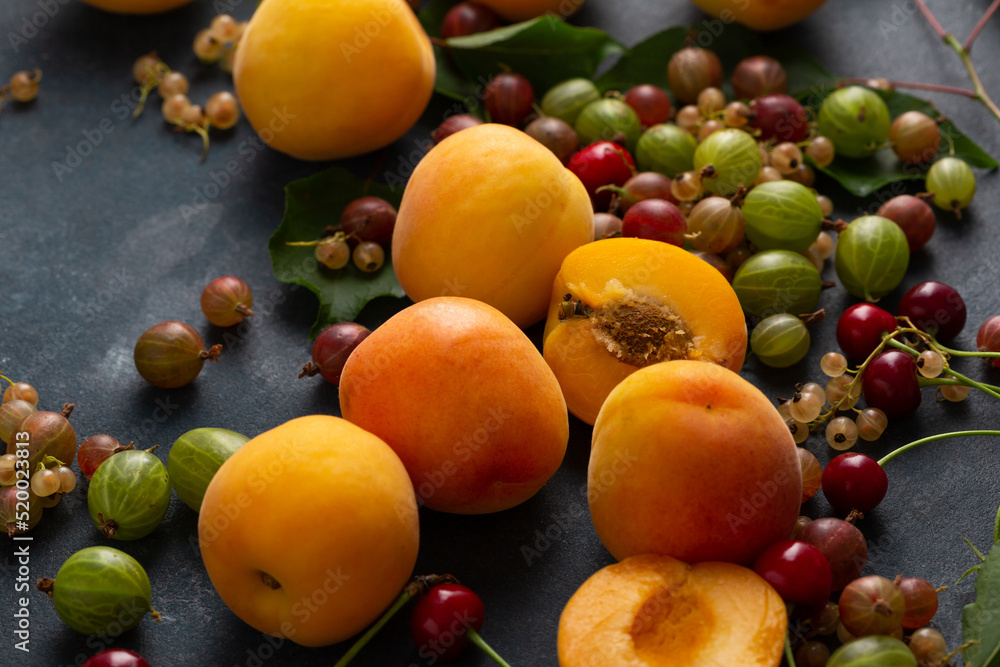 Close up of fresh apricots and fruits on dark surface food Close up of fresh apricots and fruits on dark surface food