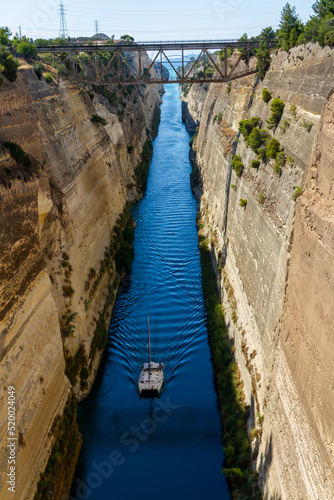 Corinth, Greece, July 16, 2022. The Corinth Canal is an artificial waterway carved through the Isthmus of Corinth, Greece