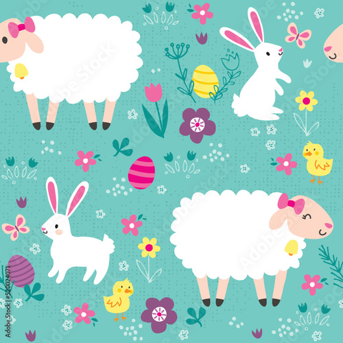Sweet bunnies, chicks, and lamb characters wishing each other a happy Easter. This cute vector pattern repeats seamlessly.