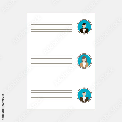Ballot paper for selection of three candidates. Candidate avatars on right. Lines for entries next to each avatar on left. Struggle for power between contenders. Choice between rivals. Voting concept.