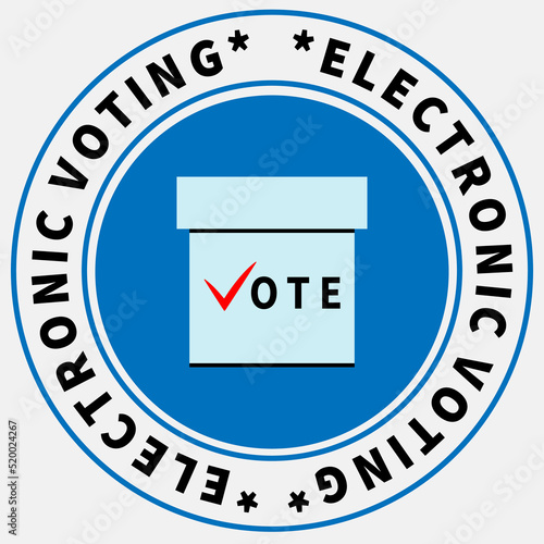 Light blue ballot box on blue circle. Inscription VOTE on ballot box. Letter V like red tick. Text ELECTRONIC VOTING on white ring. Voting at polling station. Make political choice. Election campaign.