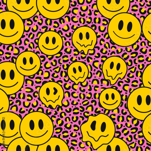 Leopard pink skin,melt smile face seamless pattern art.Vector style cartoon illustration design wallpaper.Leopard,jaguar pink skin fur,trippy,acid,melt 90s fashion seamless pattern background concept