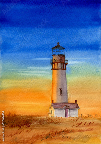 Watercolor picture of the sunset Yaquina Head Lighthouse with a small house in the field of the tall yellow grass 
