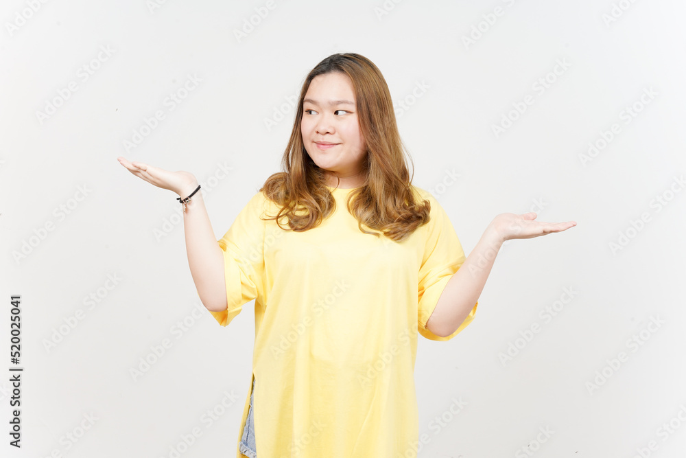 Presenting and Showing Two Product on Open palm of Beautiful Asian Woman wearing yellow T-Shirt Presenting and Showing Two Product on Open palm of Beautiful Asian Woman wearing yellow T-Shirt