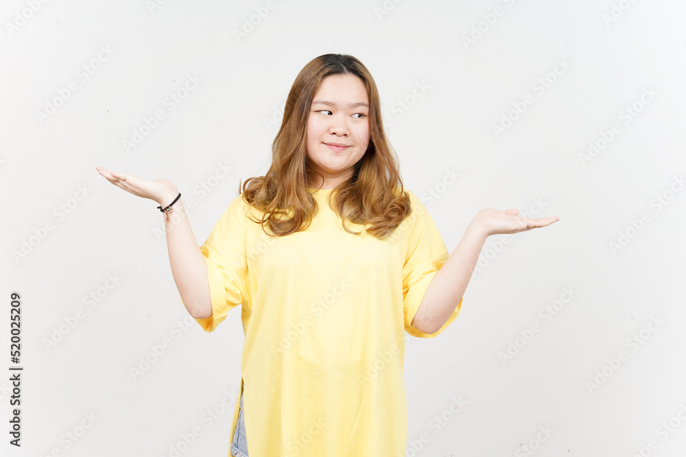 Presenting and Showing Two Product on Open palm of Beautiful Asian Woman wearing yellow T-Shirt Presenting and Showing Two Product on Open palm of Beautiful Asian Woman wearing yellow T-Shirt