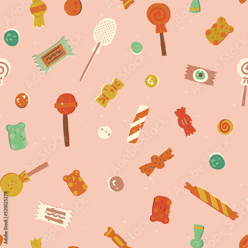 Sweets retro vector seamless pattern for , wallpapers, wrapping paper. Candy canes, lollipops, chocolate bars, bonbon