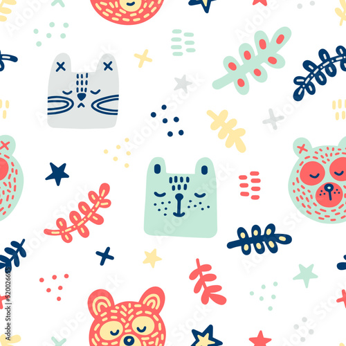 Cute children's vector pattern in scandinavian style on a white background. Pastel cartoon teddy bears, cats, twigs and stars for prints, backgrounds, textiles, wrappers, cards, decor, interior, kids
