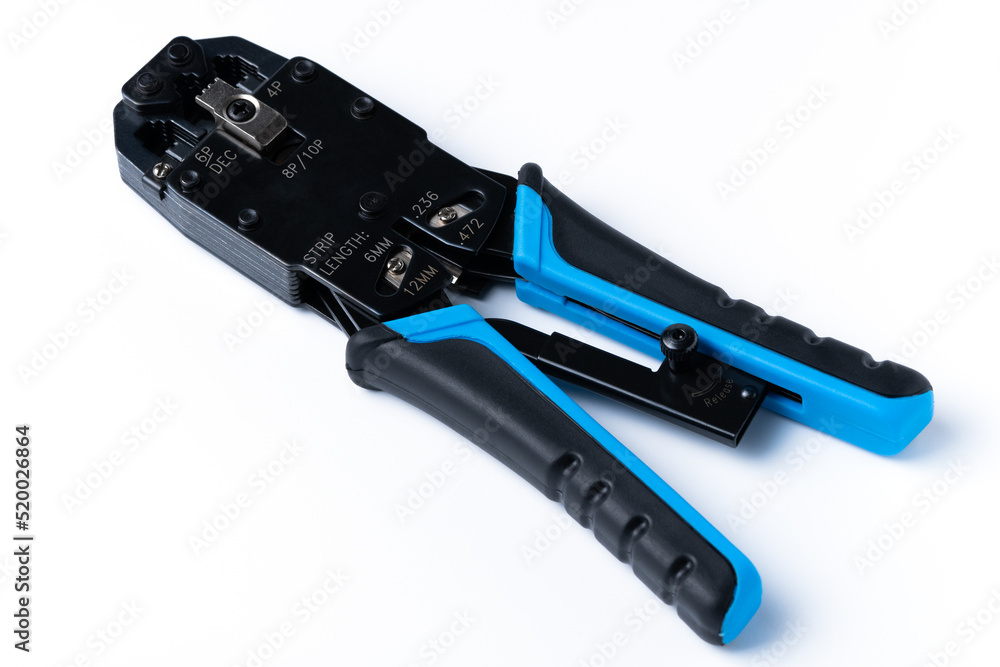 Crimp tool isolated on white background, use for twisted pair network cable with multiple RJ-45 connectors. Crimp tool isolated on white background, use for twisted pair network cable with multiple RJ-45 connectors.