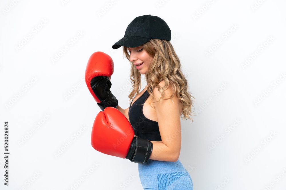 Young caucasian woman isolated on white background with boxing gloves Young caucasian woman isolated on white background with boxing gloves