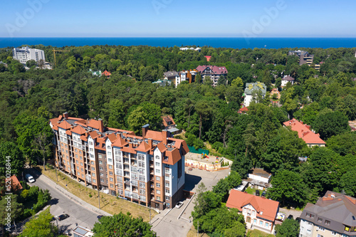 Svetlogorsk town with Baltic sea coastline. Kaliningrad Region. Aerial view