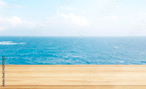  Minimal composition of tropical sea background with empty tabletop, table or shelf during sunny summer day