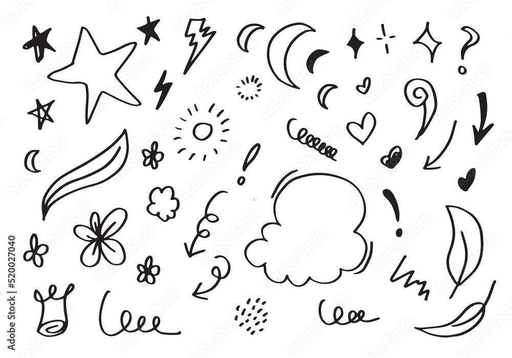 Hand drawn doodle design elements, black on white background. cloud, stars, emphasis, Arrow, crown. doodle sketch design elements. Hand drawn doodle design elements, black on white background. cloud, stars, emphasis, Arrow, crown. doodle sketch design elements.