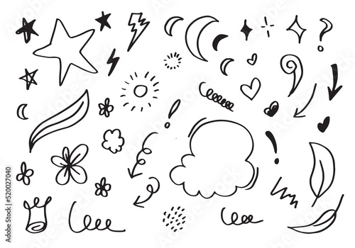 Hand drawn doodle design elements, black on white background. cloud, stars, emphasis, Arrow, crown. doodle sketch design elements.