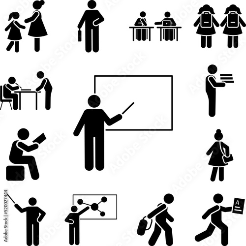 Man teacher explain board pictogram icon in a collection with other items