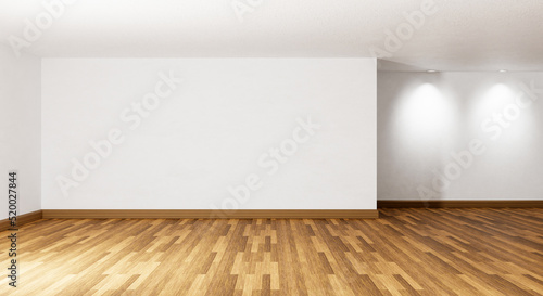 Empty room with with parquet wooden floor downlight and white concrete wall background. Architecture and interior concept. 3D illustration rendering