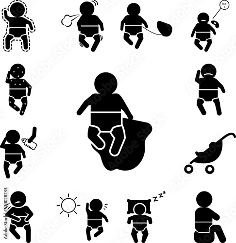 Baby, stomach ache icon in a collection with other items