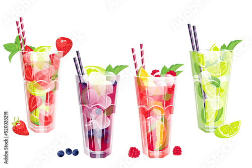 A set of summer refreshing cocktails, classic Mojito with lime, Mojito with strawberries, raspberries, mojito with blueberries.Vector illustration.The concept of drinks.