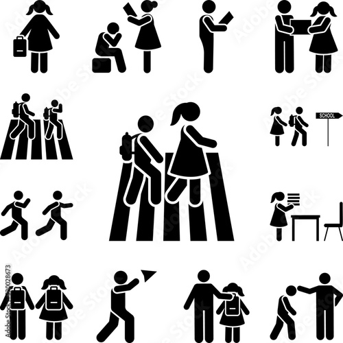 Mother boy student walk school pictogram icon in a collection with other items