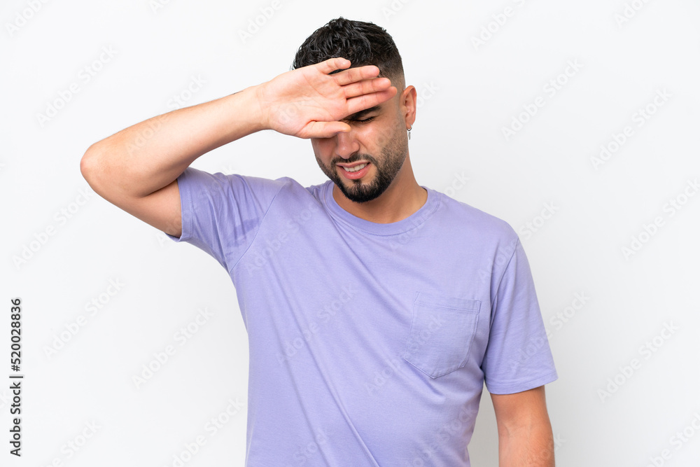 Young Arab handsome man isolated on white background with tired and sick expression Young Arab handsome man isolated on white background with tired and sick expression