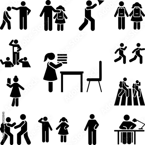 Girl book carry classroom pictogram icon in a collection with other items