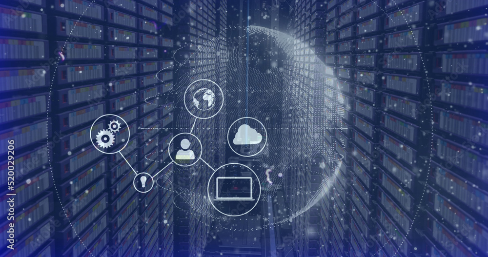 Naklejka premium Image of data processing and globe with icons over server room