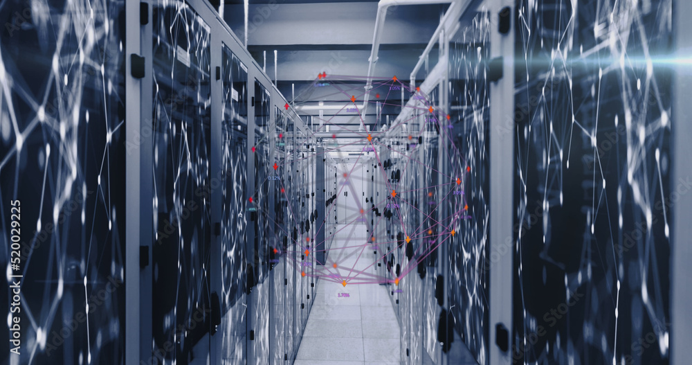 Image of data processing with shapes over server room Image of data processing with shapes over server room