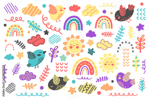 Bright children s set of vector elements in the Scandinavian style on a white background. Rainbows  suns  birds  twigs and other cute doodles for kids  textiles  wrappers  prints  patterns  decor