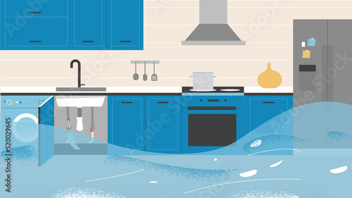 Obraz na plátne Water breakthrough and flooded the kitchen, flooding with a lot of water