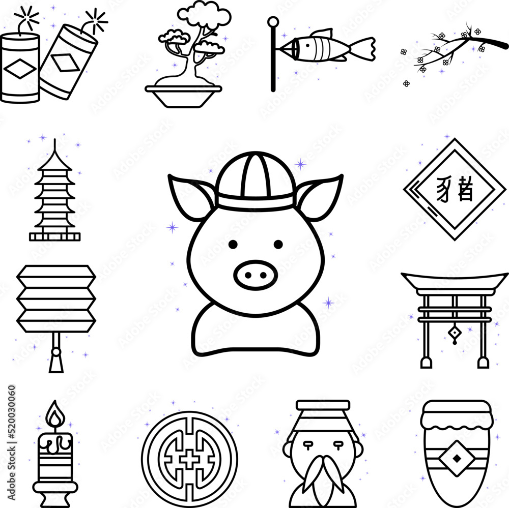 Fototapeta premium China pig, China culture icon in a collection with other items