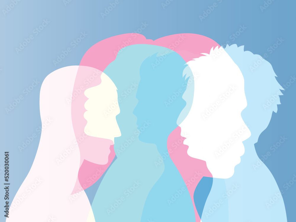 Group of people, vector silhouettes of faces of men and women, abstract portraits. Different races