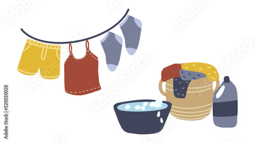 laundry icons - laundry day. Vector illustration of clothes on clothesline, cleaning product, laundry basket and bucket of soapy water