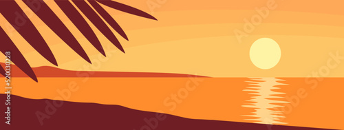 Beautiful orange sunset on the beach. Tropical palm. Sea and ocean. Paradise lagoon. Wild exotic landscape for background. Vacation and travel. Paradise lagoon. Vector illustration panorama