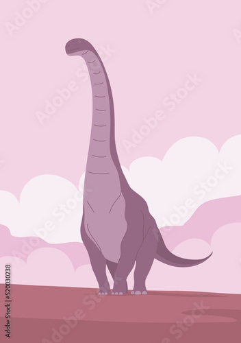 Big sauropod with a long neck and tail. Lizard in the mountain desert. Herbivorous dinosaur alamosaurus of the Jurassic period. Prehistoric pangolin. Vector cartoon illustration