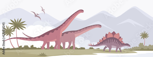 Big sauropod with a long neck and stegosaurus. Herbivorous dinosaur of the Jurassic period. Prehistoric pangolin. Science paleontology. Wild landscape. Vector cartoon illustration