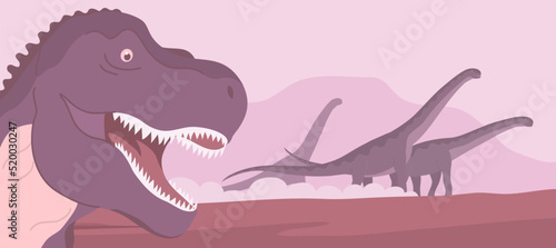 Tyrannosaurus rex hunts a herd of herbivorous sauropods. Carnivorous dinosaur and alamosaurus with a long neck. Big lizard of the Jurassic period. Prehistoric animals. Cartoon vector illustration