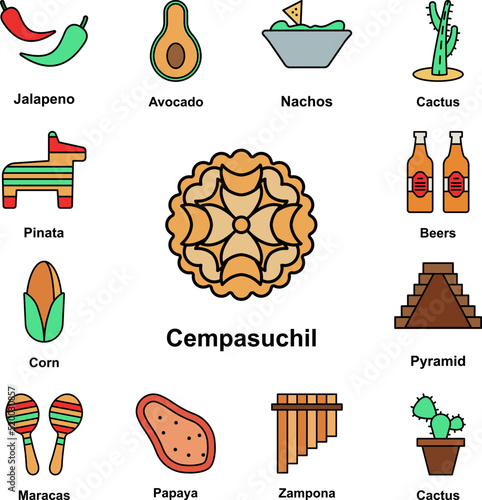 Cempasuchil, decoration icon in a collection with other items