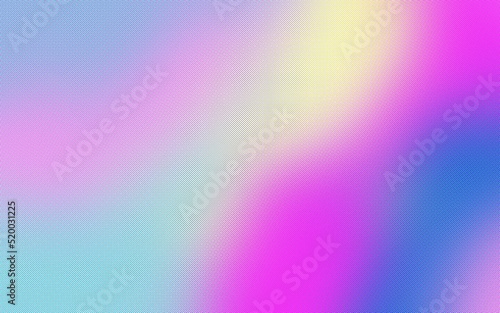 Y2K halftone effect background. Holographic iridescent print with vibrant pallete - pink, yellow, blue. Blurry dynamic backdrop with tiny dots. Perfect for banner, flyer and other 2000s style designs.
