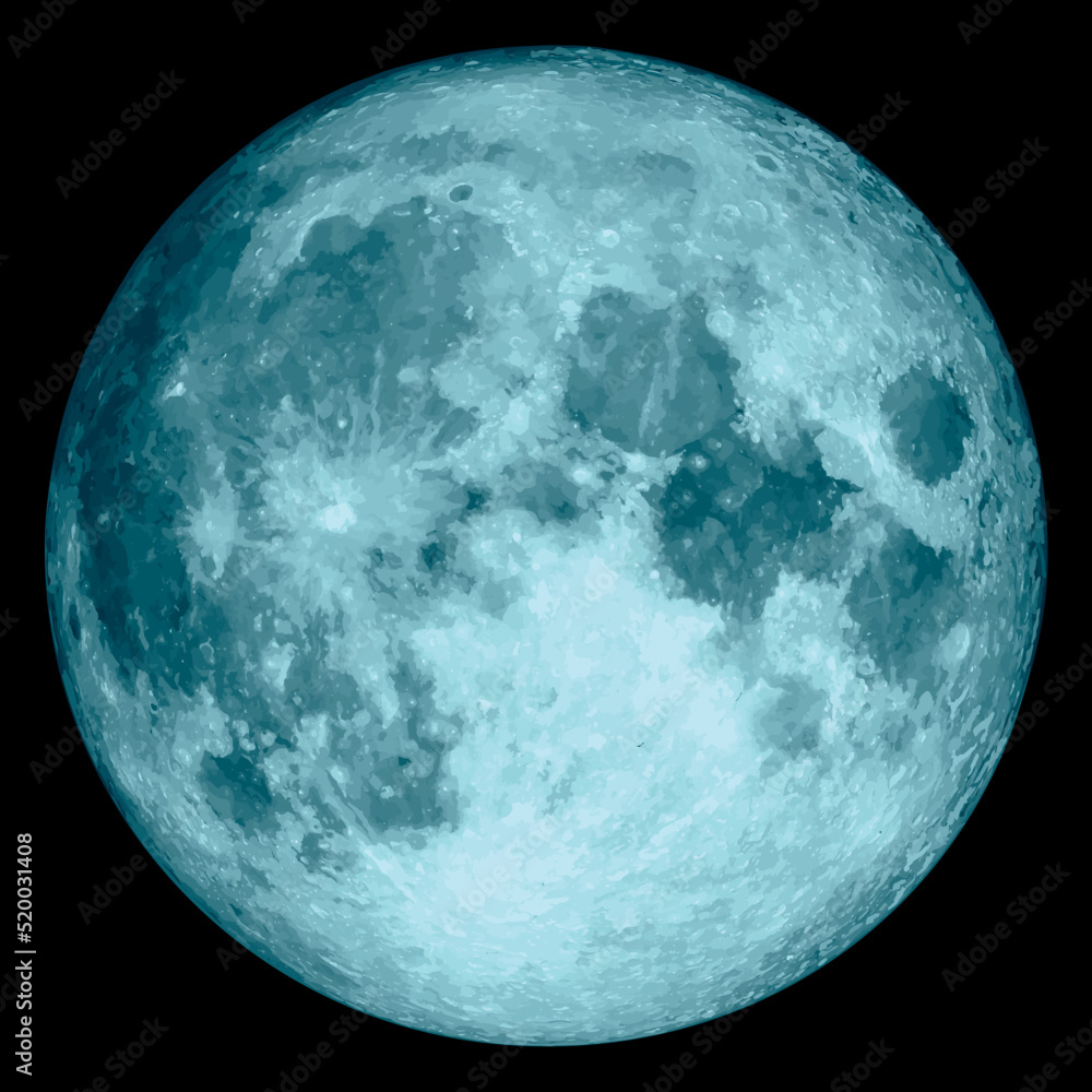 Full moon vector illustration isolated on black background. Blue realistic fantasy moon. Twenty five colors. Full moon vector illustration isolated on black background. Blue realistic fantasy moon. Twenty five colors.