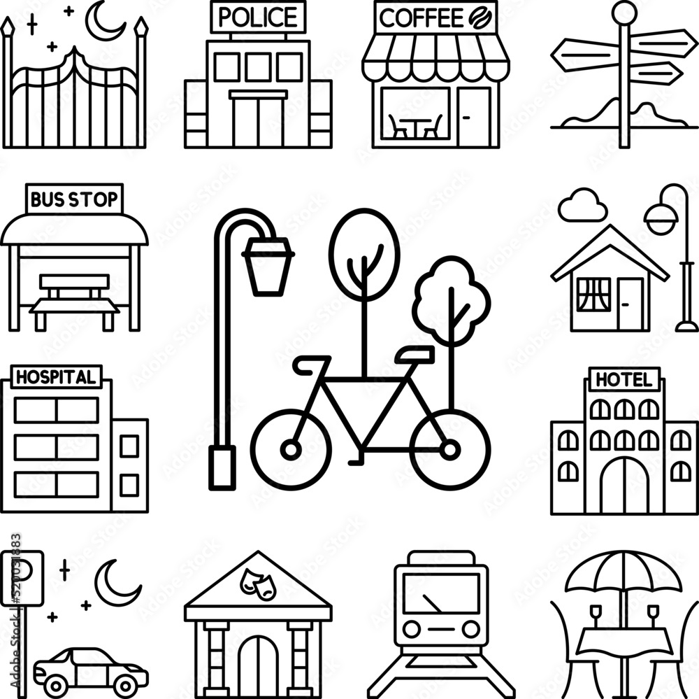 Bike, parking, trees icon in a collection with other items Bike, parking, trees icon in a collection with other items