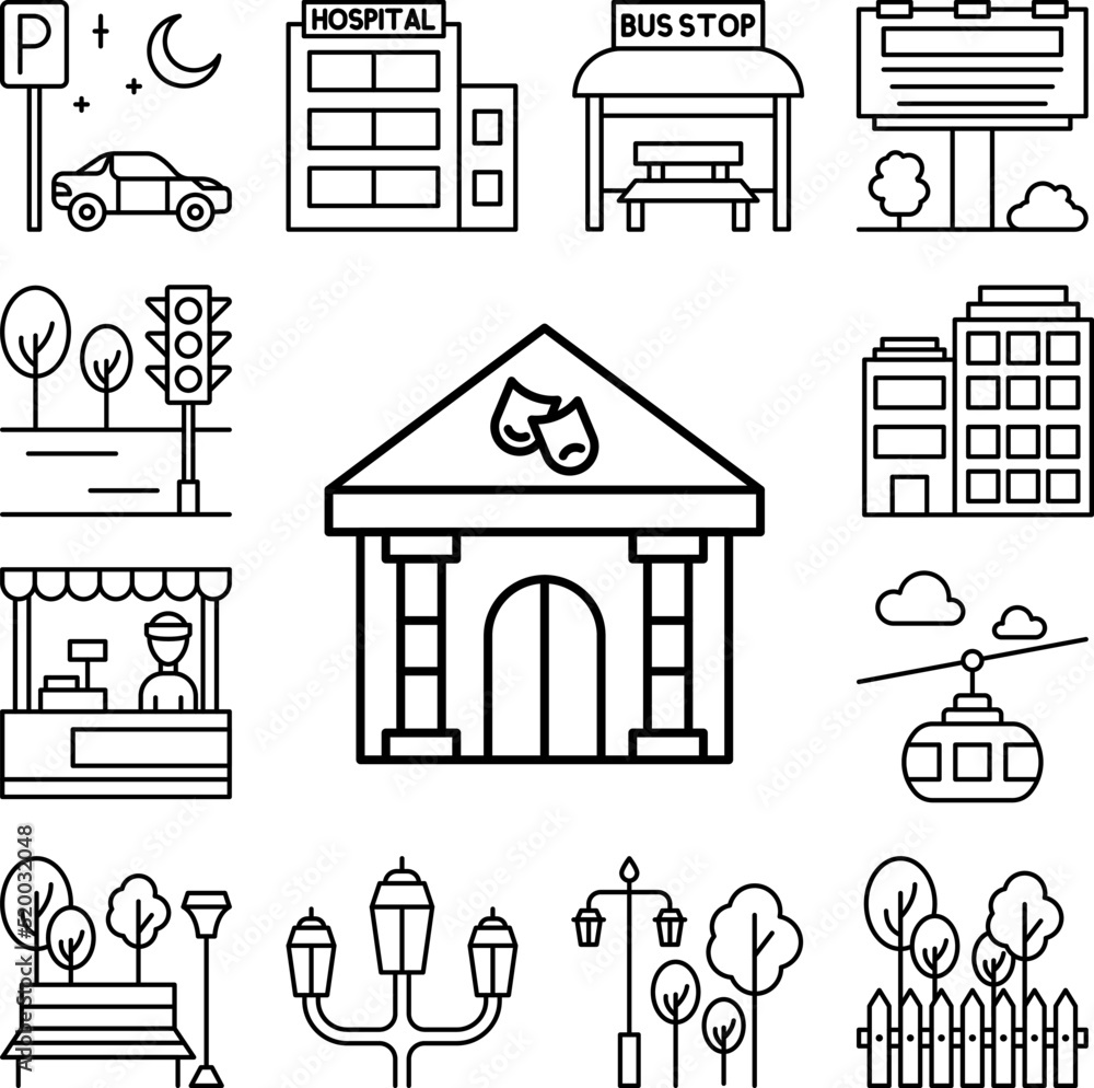 Theatre, building icon in a collection with other items Theatre, building icon in a collection with other items