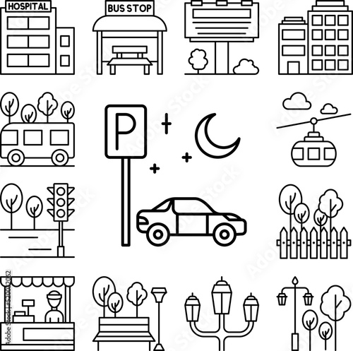 Car, parking, moon icon in a collection with other items