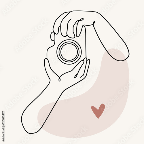 Hand drawn hands taking photo in line art style. Sketch outline isolated minimalistic illustration.