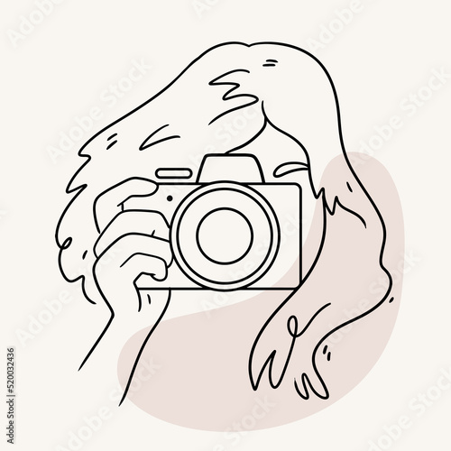 Hand drawn woman taking photo in line art style. Sketch outline isolated minimalistic illustration.